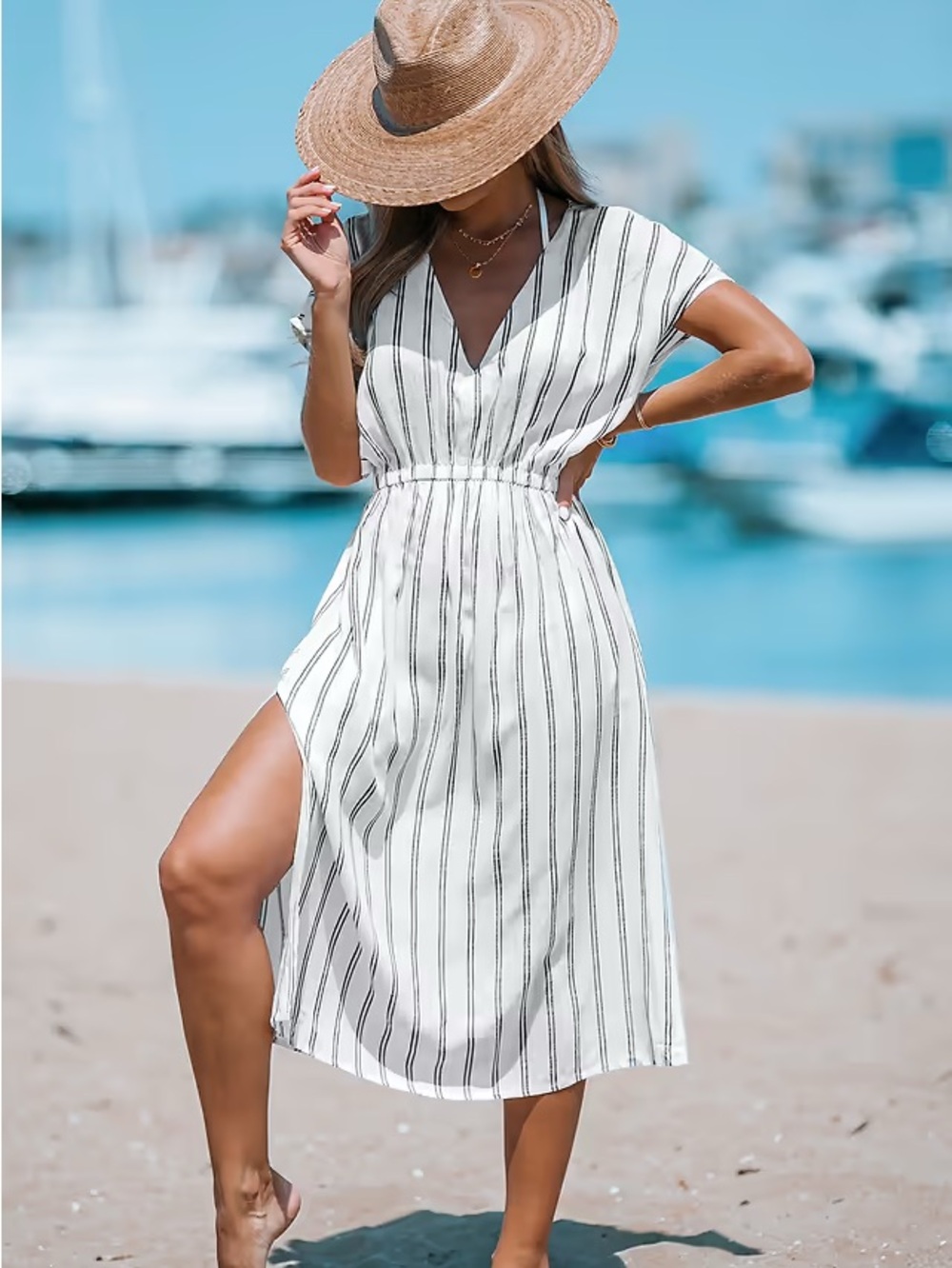 Cupshe White Black-Striped V-Neck Midi Dress with Side Slit